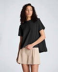 Short Sleeve Crewneck Tee with Pleated Asymmetrical Hem