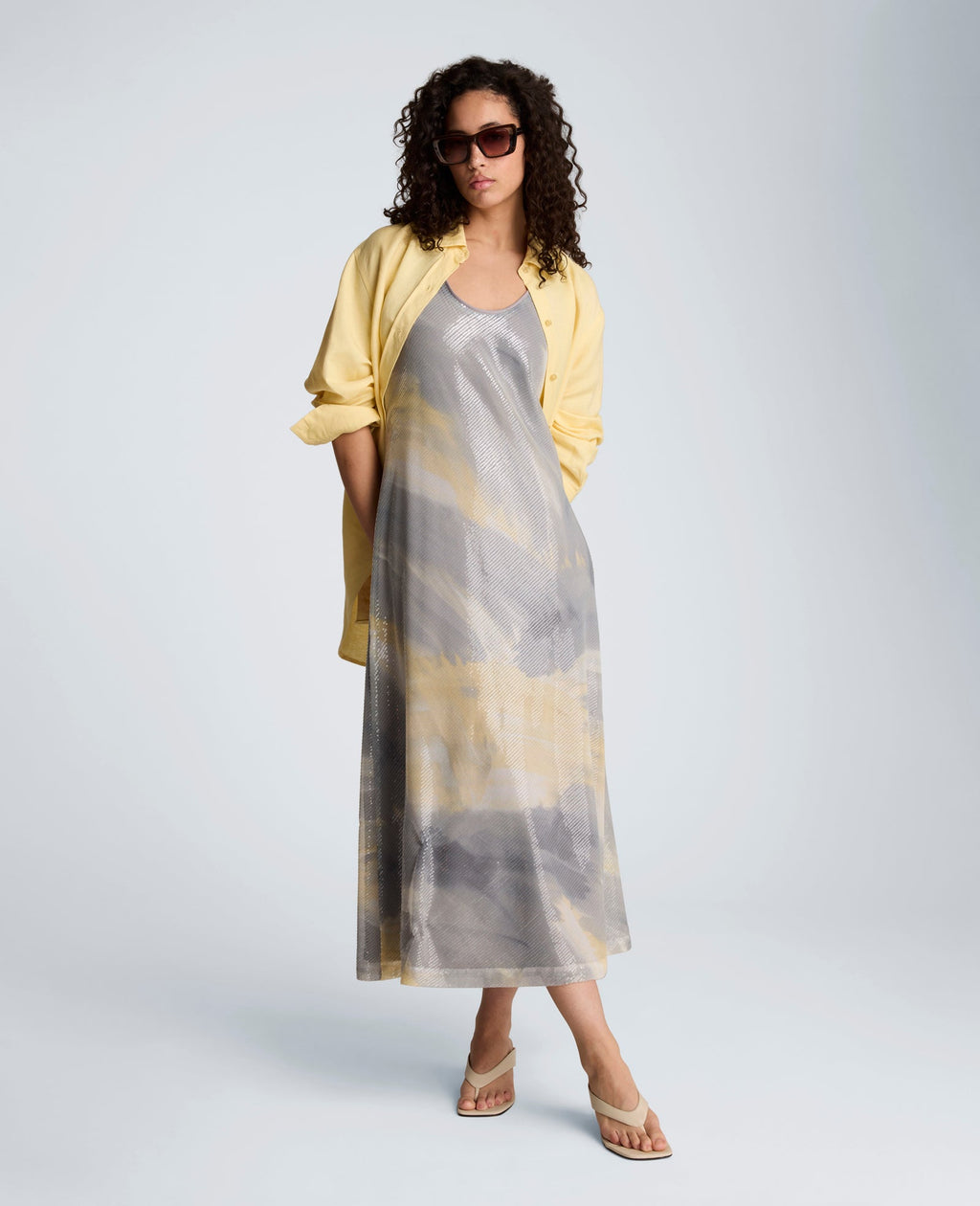Printed Sequin Mesh Maxi Slip Dress