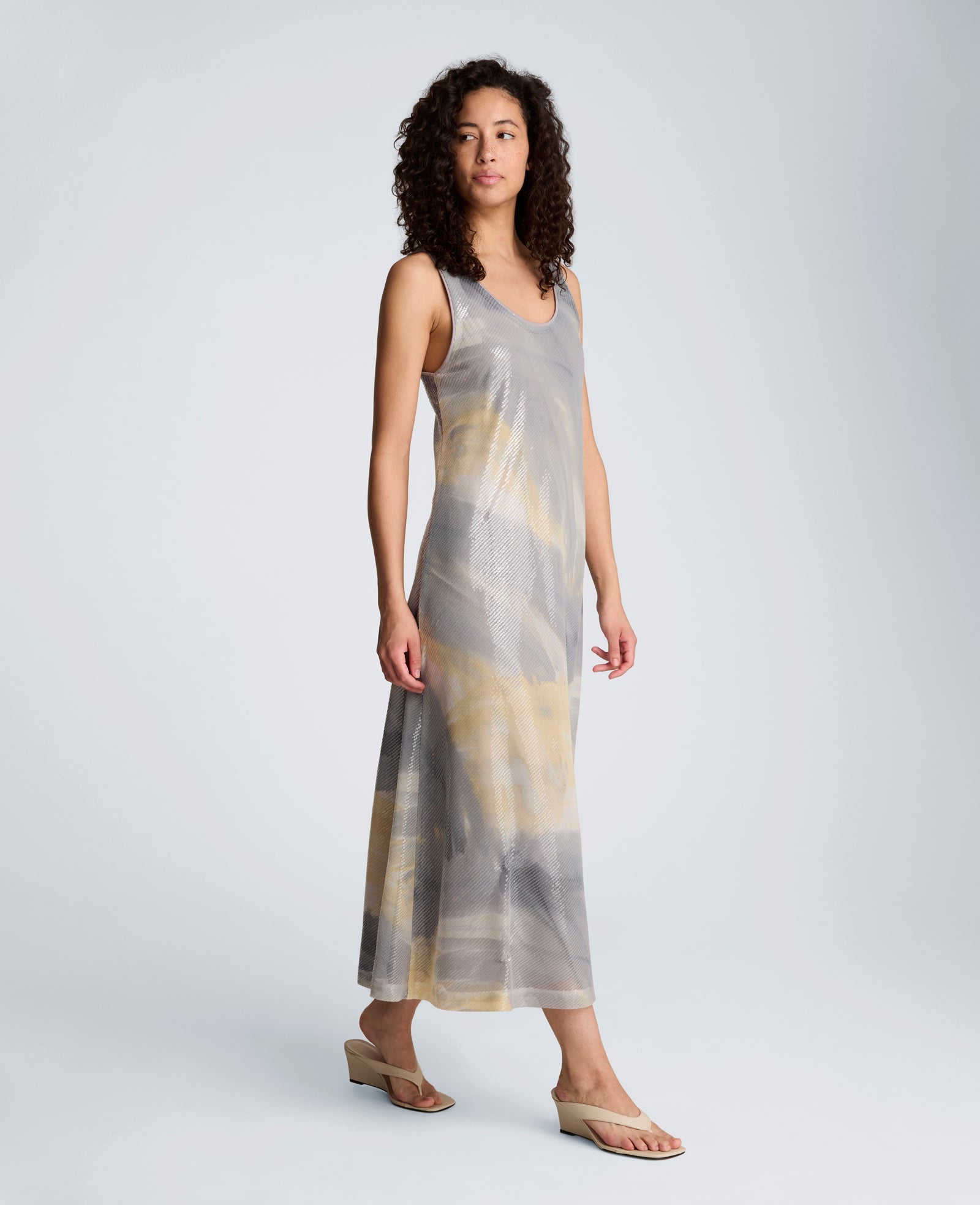Printed Sequin Mesh Maxi Slip Dress