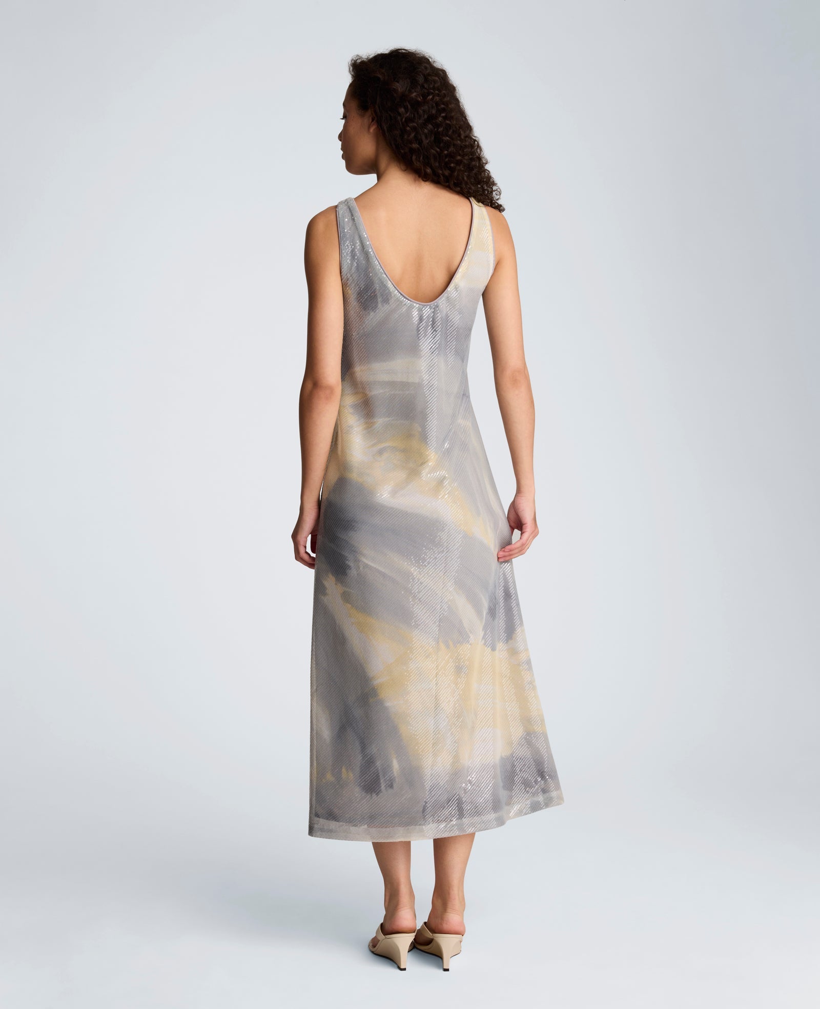 Printed Sequin Mesh Maxi Slip Dress