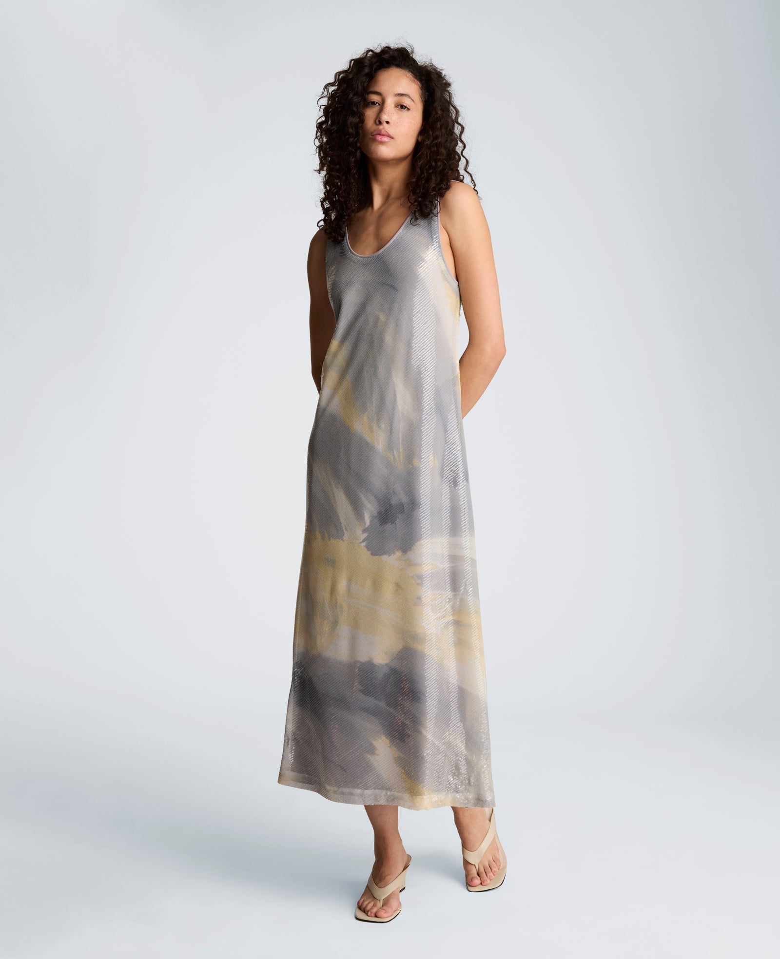 Printed Sequin Mesh Maxi Slip Dress
