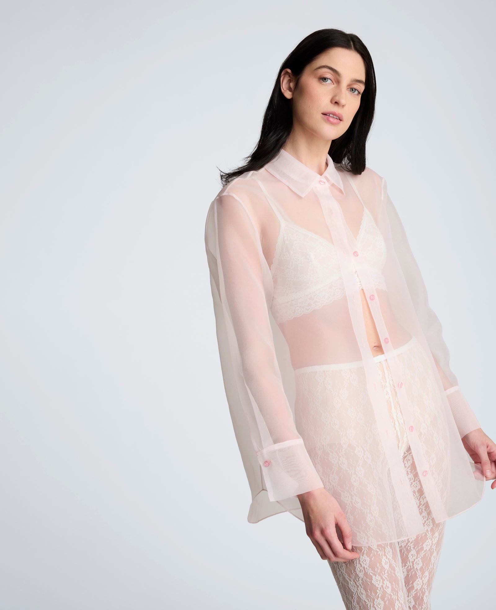 Sheer Organza Oversized Button Front Long Sleeve Shirt