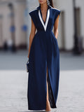 velfits Navy Blue V-Neck Contrast Trim Sleeveless Maxi Dress