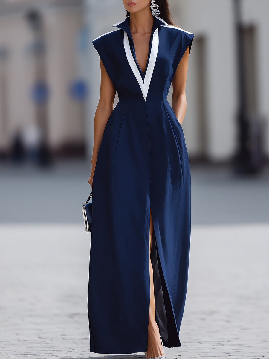 velfits Navy Blue V-Neck Contrast Trim Sleeveless Maxi Dress