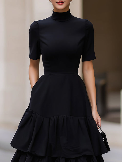 velfits Black High Neck Tiered Ruffle A-Line Maxi Dress