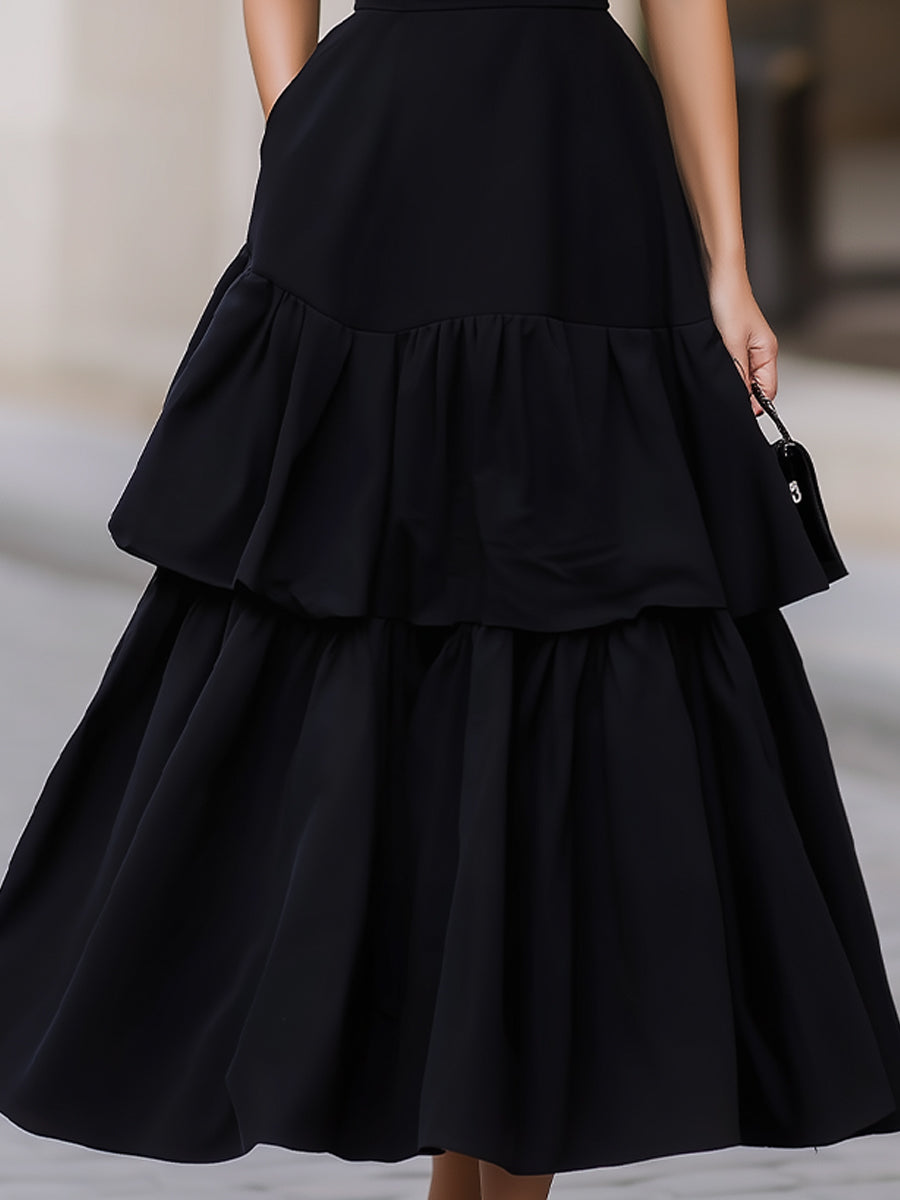 velfits Black High Neck Tiered Ruffle A-Line Maxi Dress