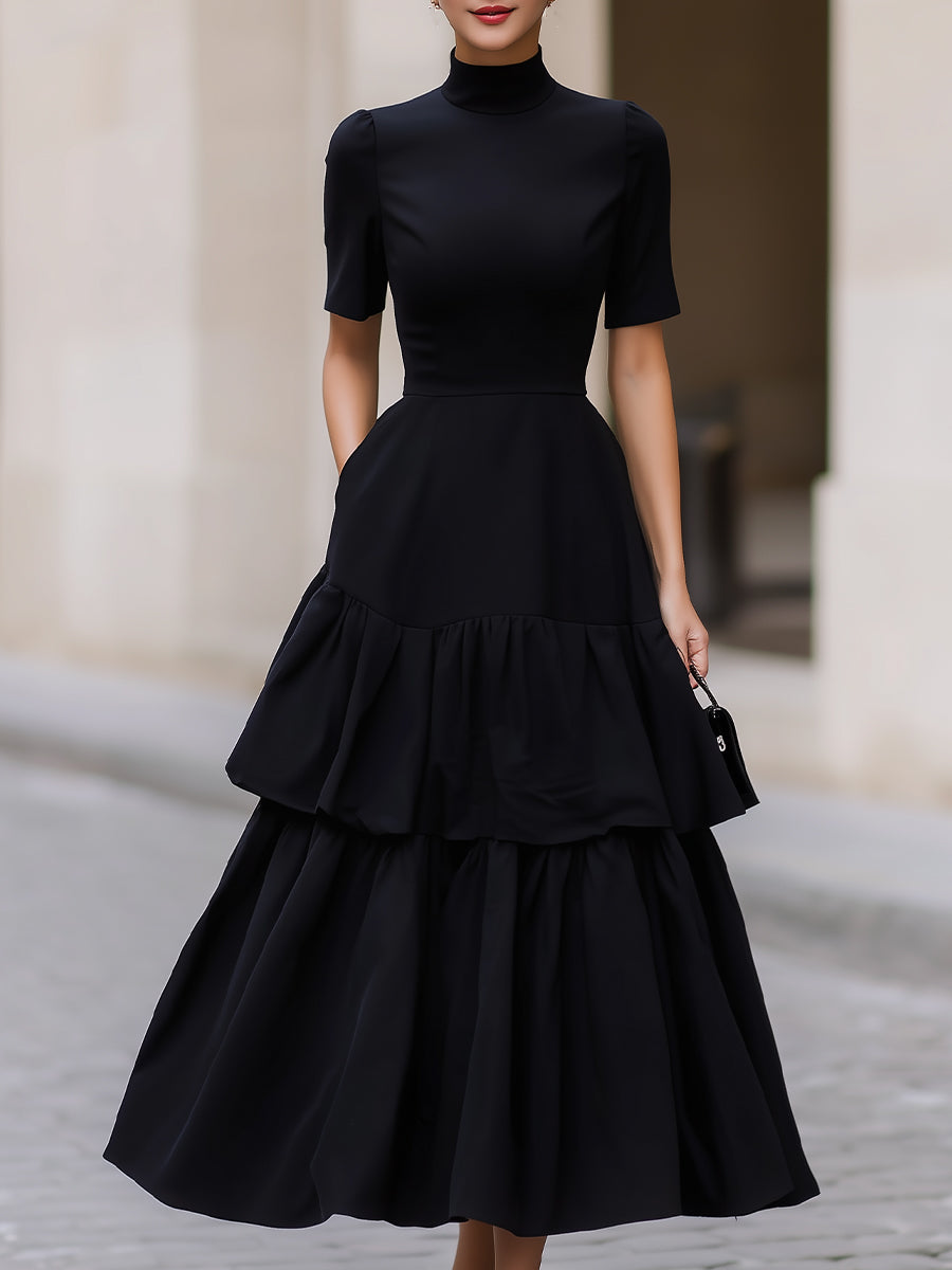 velfits Black High Neck Tiered Ruffle A-Line Maxi Dress