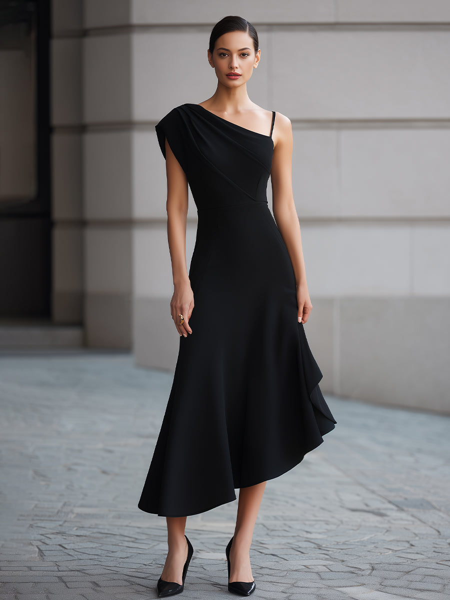 velfits Black One-Shoulder Draped Asymmetric Midi Dress
