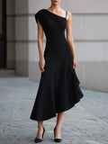 velfits Black One-Shoulder Draped Asymmetric Midi Dress