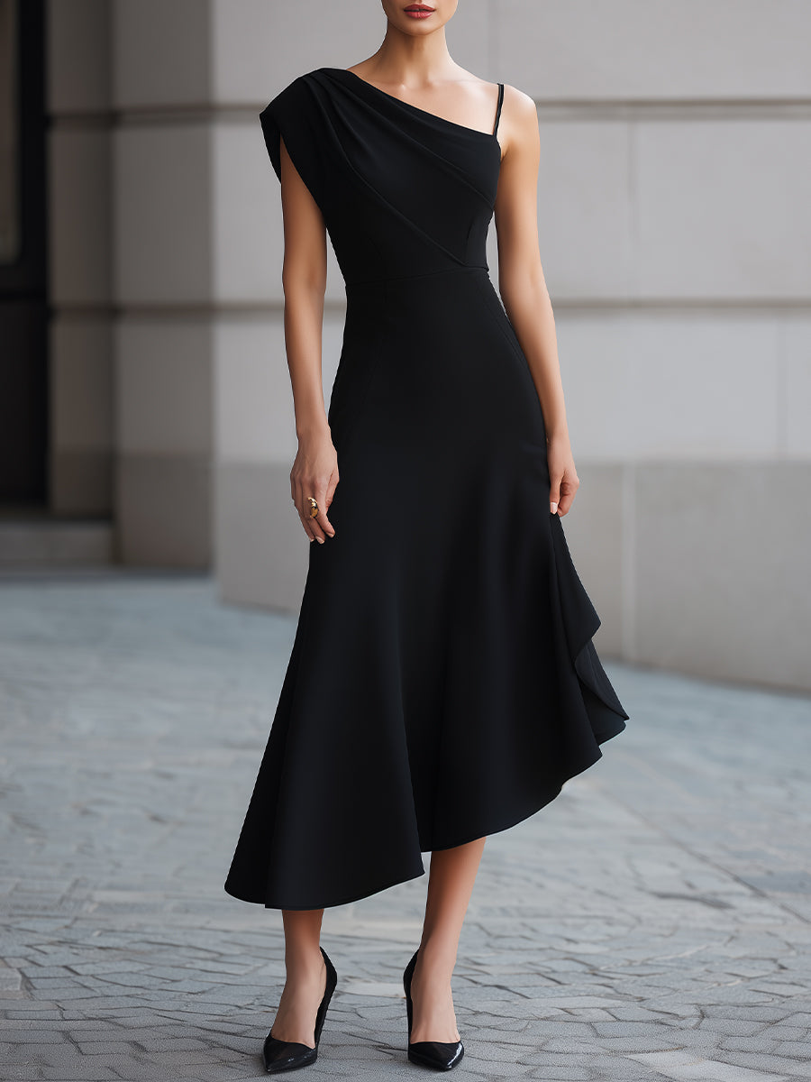 velfits Black One-Shoulder Draped Asymmetric Midi Dress