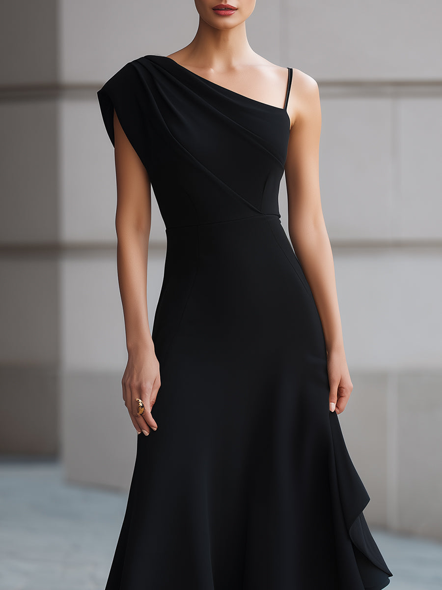 velfits Black One-Shoulder Draped Asymmetric Midi Dress