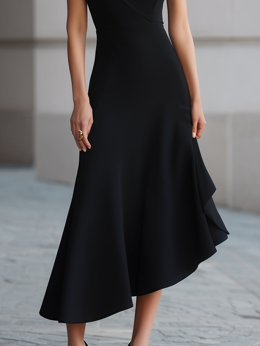 velfits Black One-Shoulder Draped Asymmetric Midi Dress