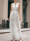 velfits White & Gray Leopard Print Halter Maxi Dress