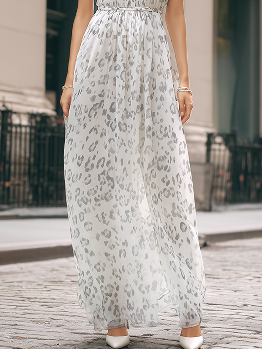 velfits White & Gray Leopard Print Halter Maxi Dress