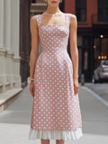 velfits Pink Polka Dot Square Neck Ruffle Hem Midi Dress