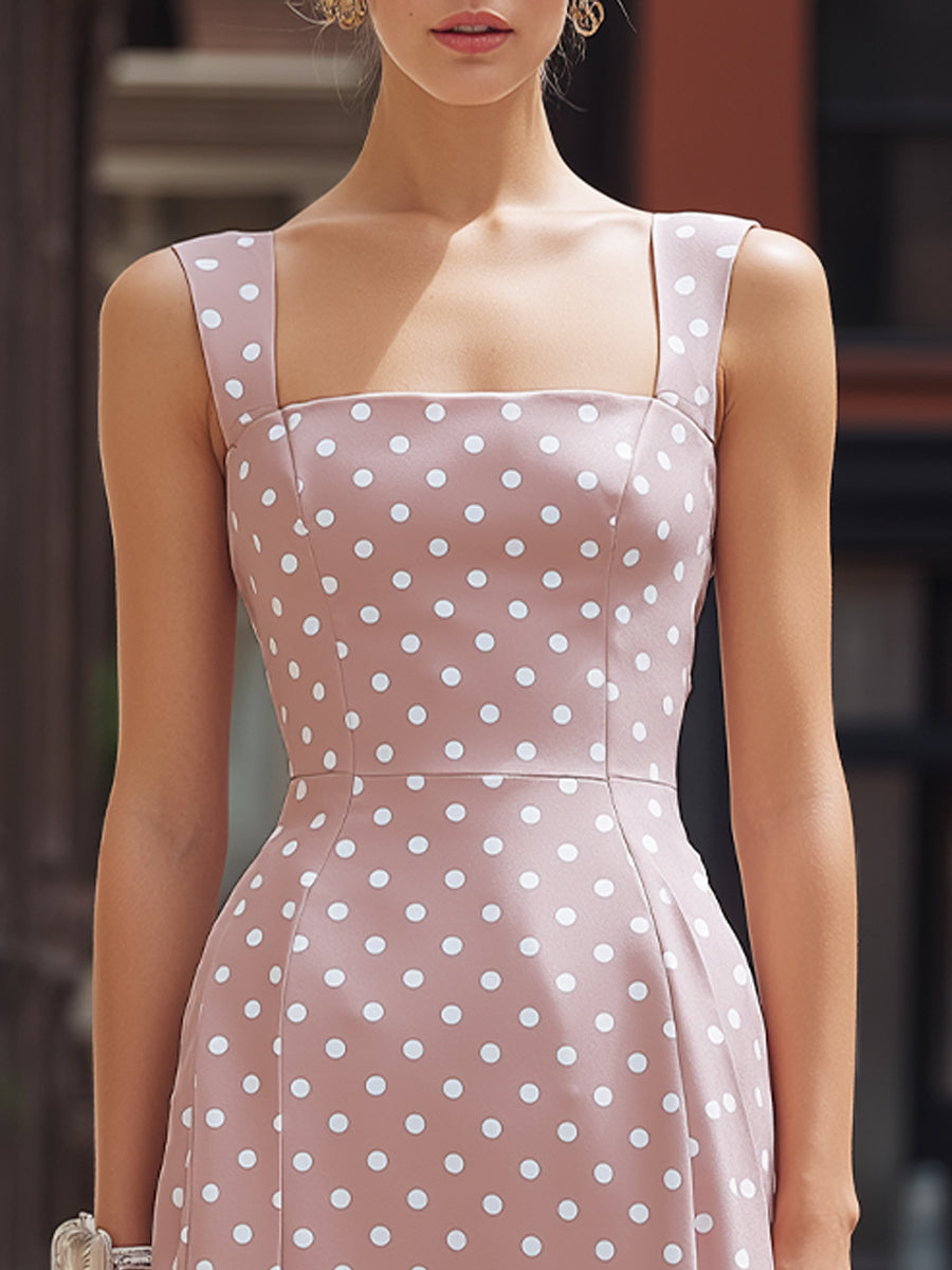 velfits Pink Polka Dot Square Neck Ruffle Hem Midi Dress