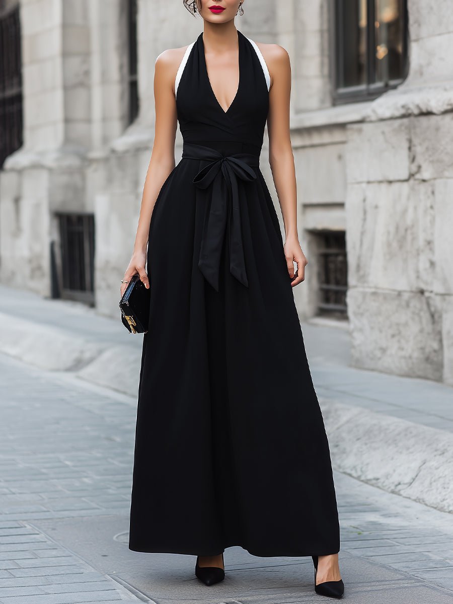 velfits Black Contrast Strap Wrap Front A-Line Maxi Dress