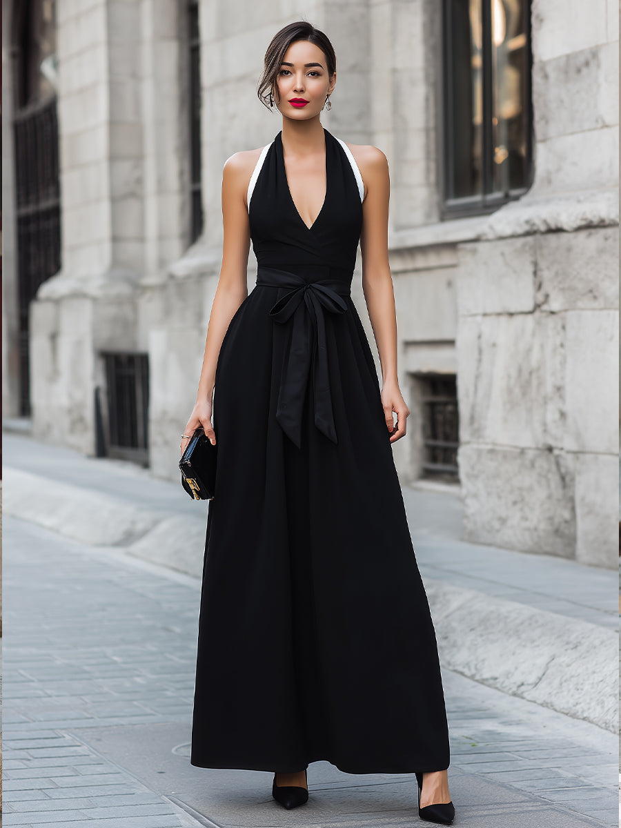 velfits Black Contrast Strap Wrap Front A-Line Maxi Dress