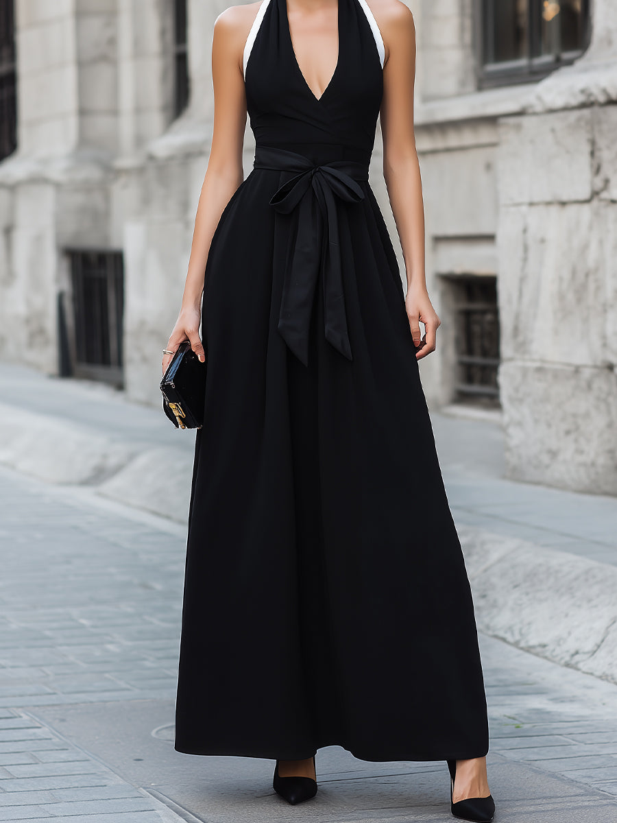 velfits Black Contrast Strap Wrap Front A-Line Maxi Dress