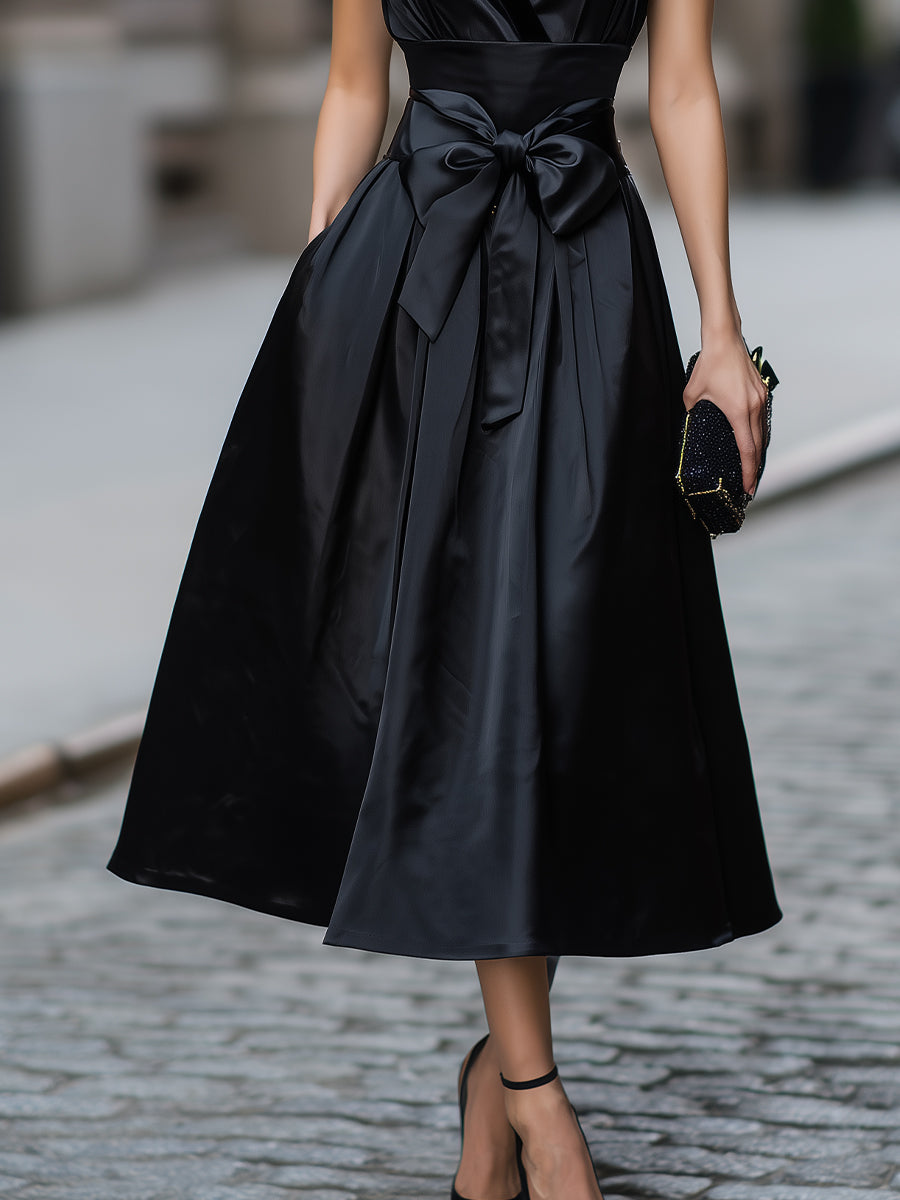 velfits Black Halter V-Neck Bow-Waist Satin Midi Dress