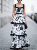 velfits Black & White Floral Tiered Ruffle Maxi Dress
