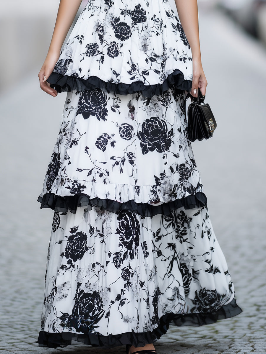 velfits Black & White Floral Tiered Ruffle Maxi Dress