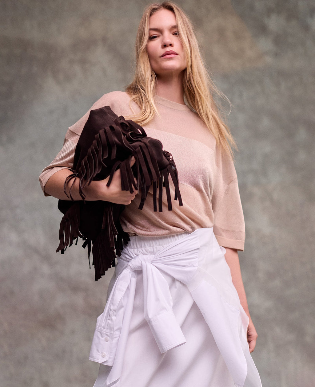 Shiny Semi Sheer Stripe Crew Neck